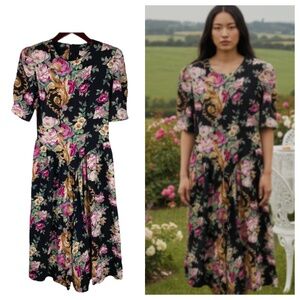 Vtg Lady Carol Of New York Tea Dress 10 Medium Floral Cottagecore Black Pink